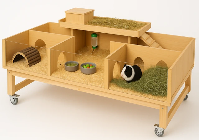 Ki generiert, Promt und Design by Eva-Maria Ganslmeier Meerschweinchengehege aus Holz mit Unterteilungen